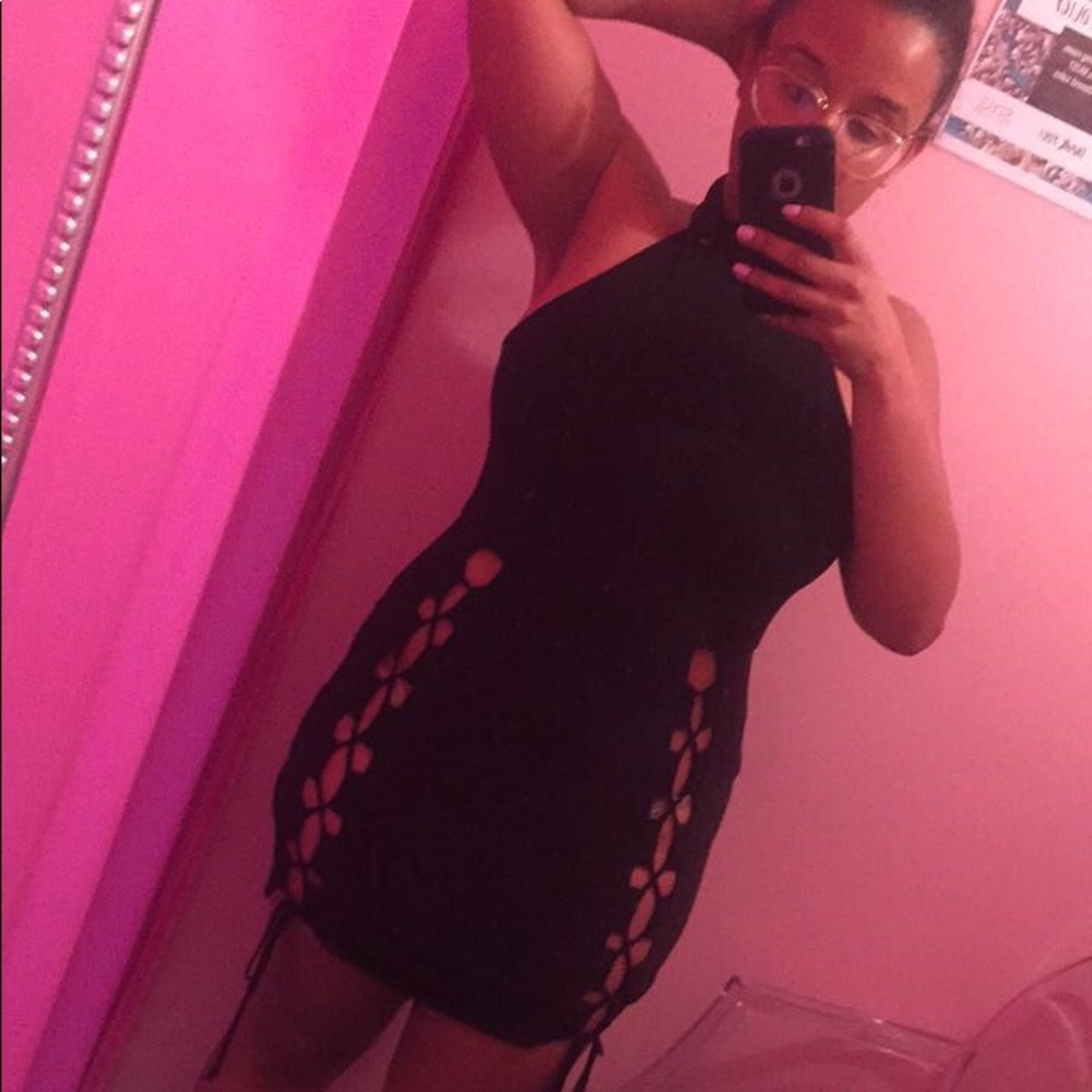 High neck black lace up dress